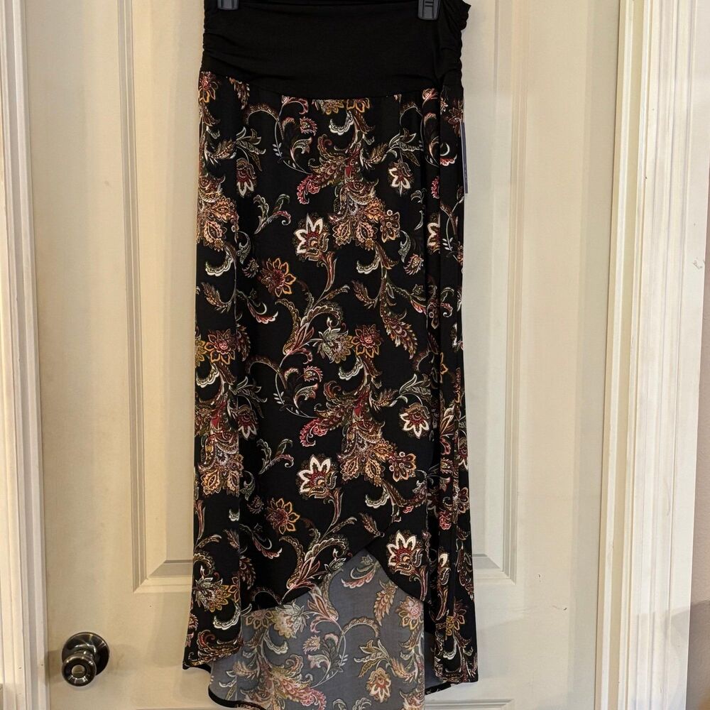 NWT Womens Apt 9 Multicolor Black Paisley Stretch Maxi Skirt Size XL Faux Wrap
